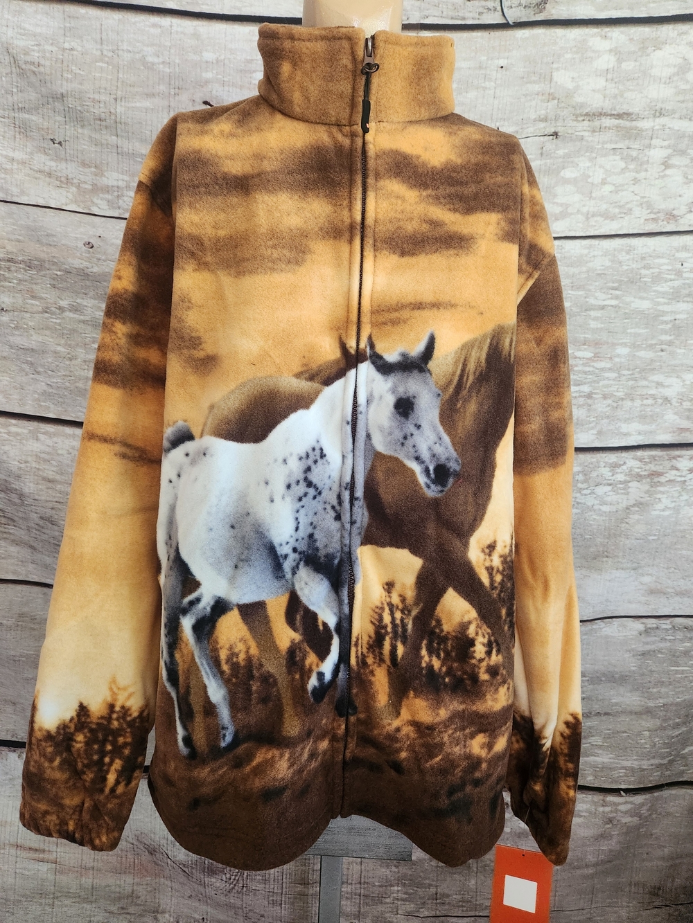 Horse Print Fleece Jacket - Brown & Cream